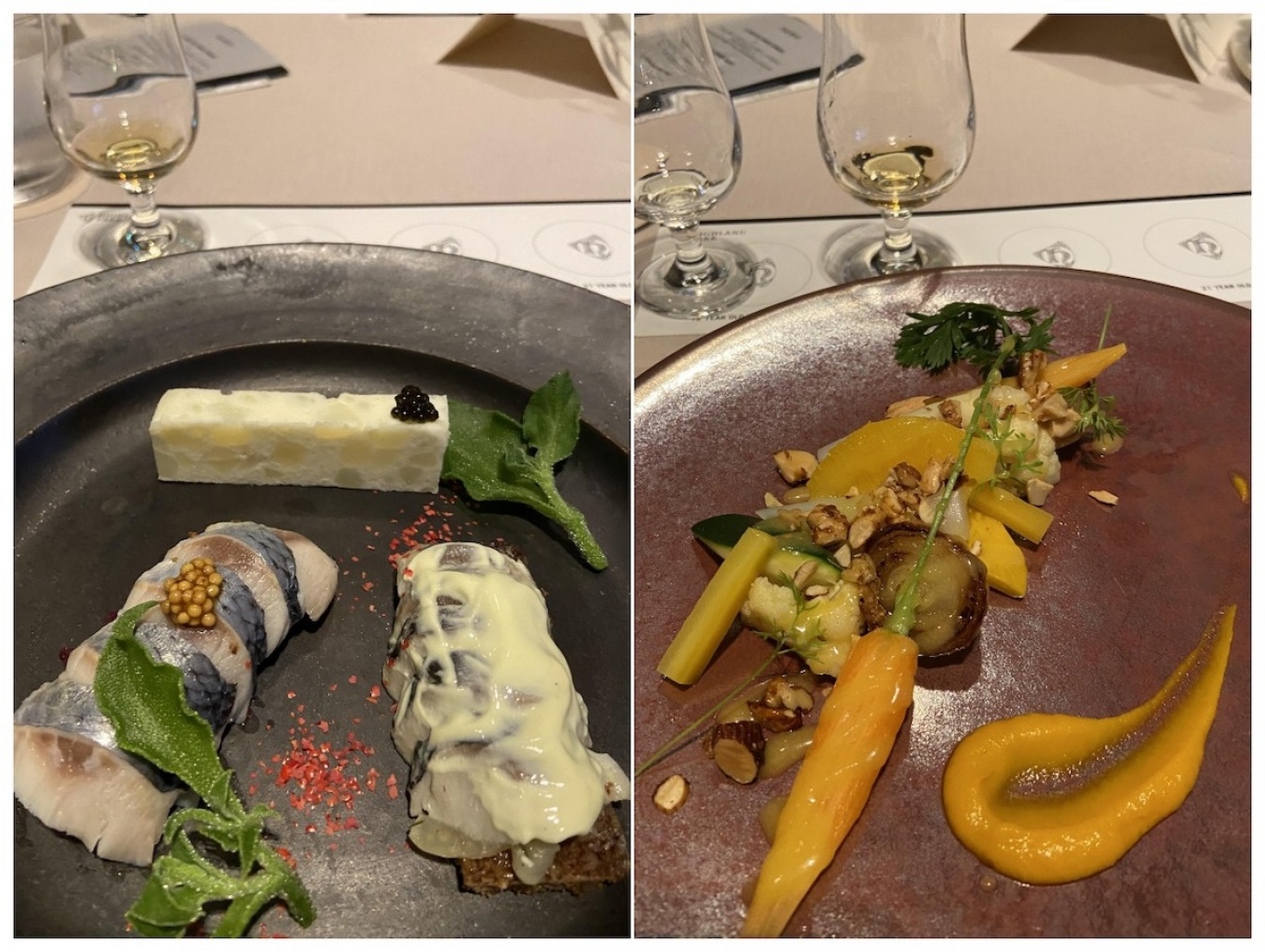 左：ハイランドパーク12年 ヴァイキング・オナーとペアリングするのはニシンの前菜、「ノルウェー産ニシンの白ワインマリネと赤キャベツのピクルス ライ麦パンのタルティーヌ」。右：「ホワイトアスパラガスと春野菜のオレンジマリネ スモークナッツとオーガニックキャロットピューレ」をハイランドパーク15年 ヴァイキング・ハートと。