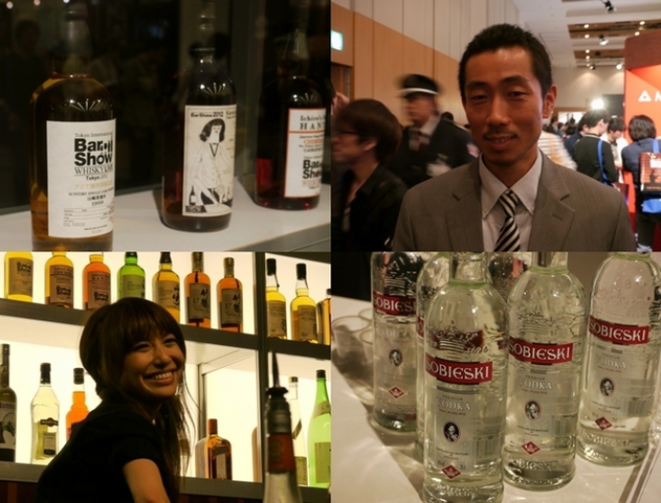 TIBSの開催当日、会場限定ボトル（左上）や新製品（右下）もお目見えした。NYを拠点とする後藤健太氏（右上）やフレアバーテンダーのSHOKO氏（左下）など、どりぷらでおなじみのゲストも登場！