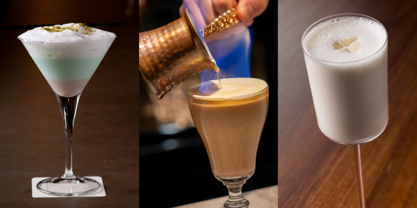 左から、Celtics Grasshopper セルティックス・グラスホッパー、Suzette Milk Tea シュゼット・ミルクティー、Hokkaido Blue Cheese Cocktail 北海道産ブルーチーズのカクテル