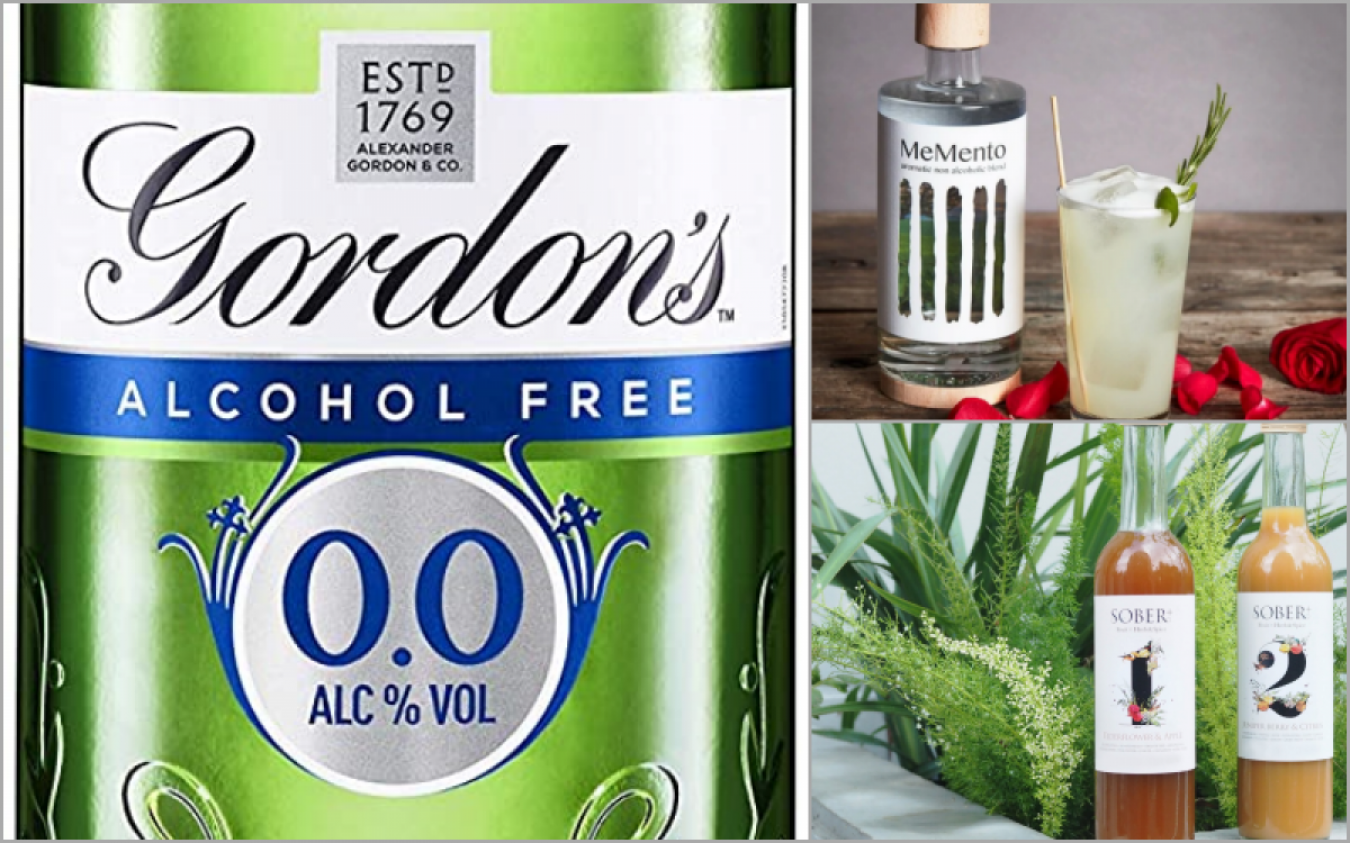 左：英国で発売が発表されたGORDON'S 0.0% ALCOHOL FREE (日本未発売） 右上：オーガニック原料にもとづく、砂糖・グルテン無添加のヴィーガン対応ノンアルコール MeMento　右下： 昨年末日本でも発売された果汁と、ハーブ・スパイスを使用したクラフトノンアルコール飲料「SOBER+」。