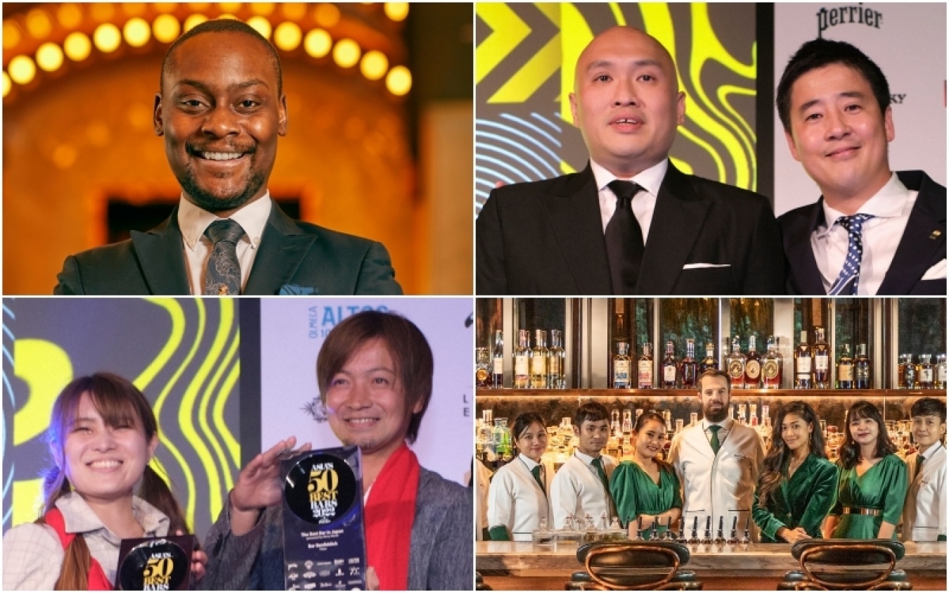 個別賞：（左上） Altos Bartenders’ Bartender Award 2022受賞のKeith Motsiさん / フォーシーズンズ ソウル フラッグシップバー「Charles H」 （右上） Roku Industry Icon Award 2022受賞のColin Chiaさん（左側）/ Nutmeg & Clove シンガポール （左下） Rémy Martin Legend of the List Award 2022 受賞「Bar Benfiddich」（東京）（右下） Michter’s Art of Hospitality Award 2022　を受賞したBKK Social Club（バンコク）